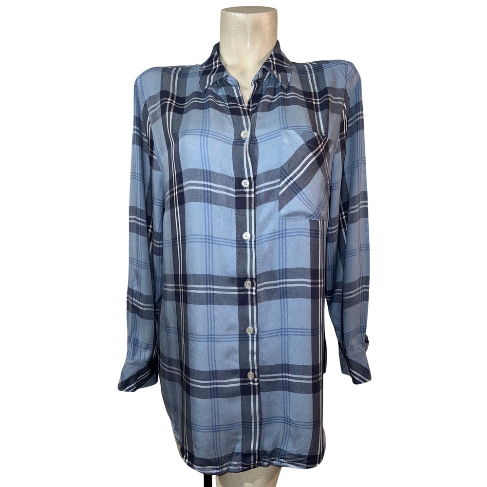 Chico's Blue Plaid Rayon Button Down Shirt Womens Size (2) L 12/14 Long Sleeve